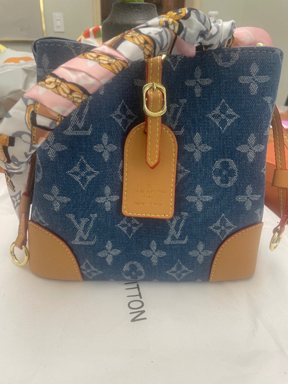 Monogram Denim Bucket Handbag Ribbon Handle - Picture 1 of 5